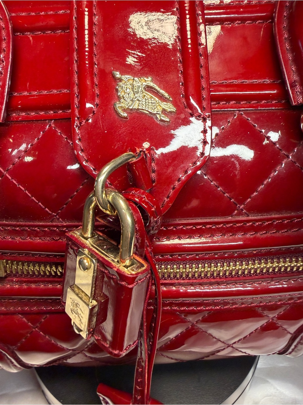 Burberry Vintage Red Quilted Patent Leather Manor Bag EUC - Picture 9 of 16